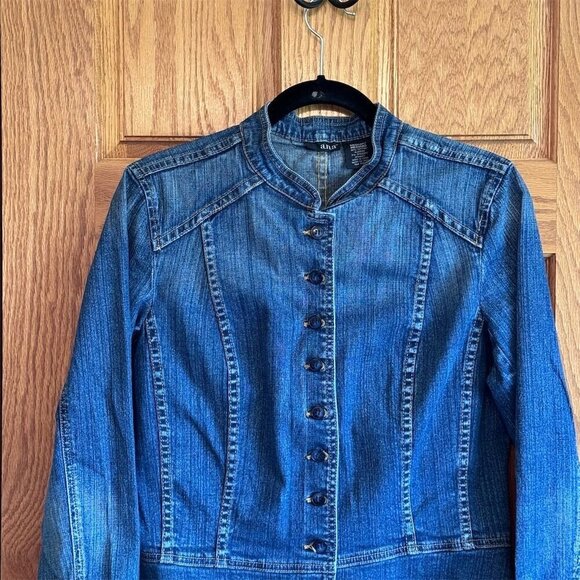 a.n.a Women's Medium Blue Denim Military Jacket Button Up Stand Collar - Picture 3 of 5